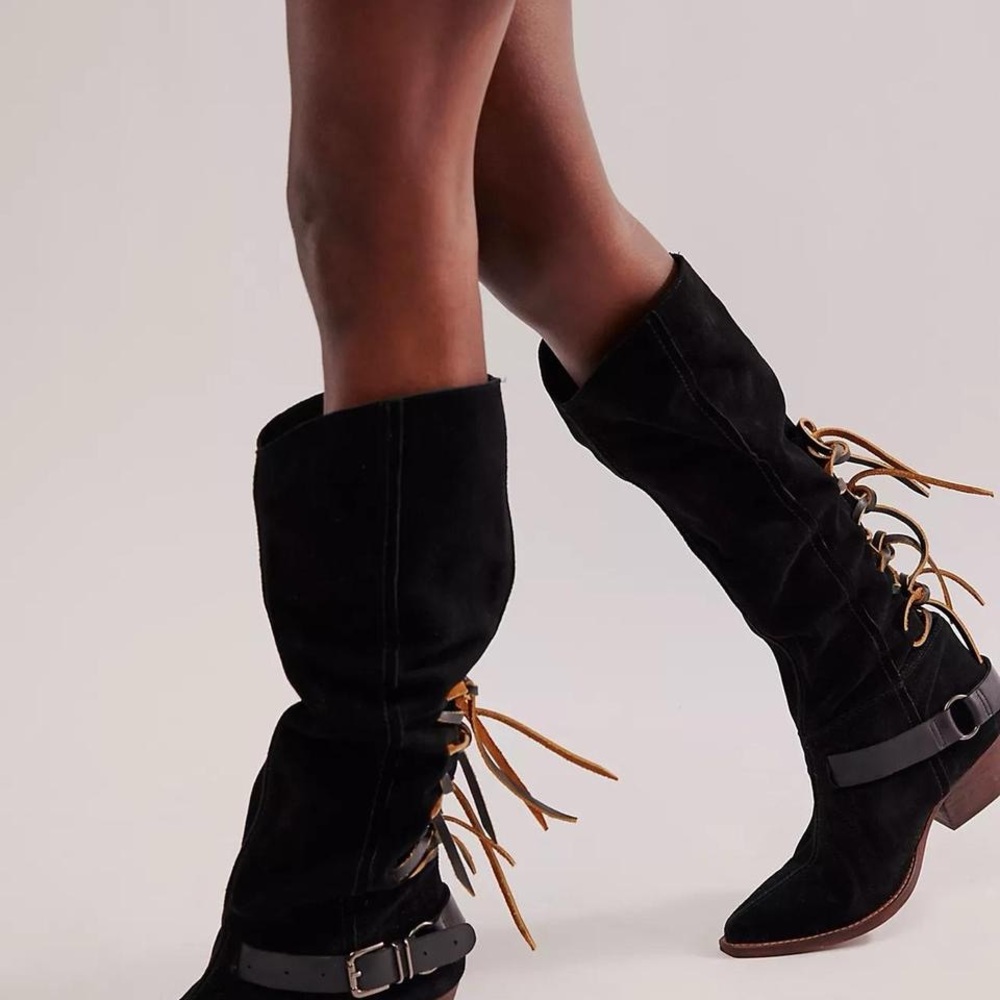 Free People Black Suede Heeled Boots with Tan Laces
